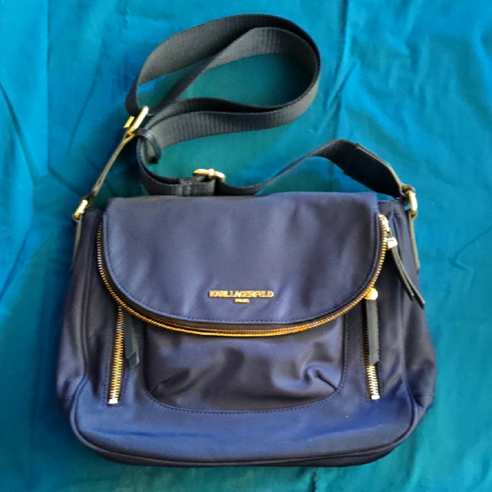 Karl Lagerfeld Blue and Gold Crossbody Bag with Adjustable Strap